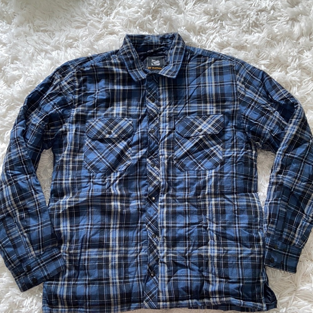 Men’s Blue Plaid Quilted Shirt Jacket Button Up XL
